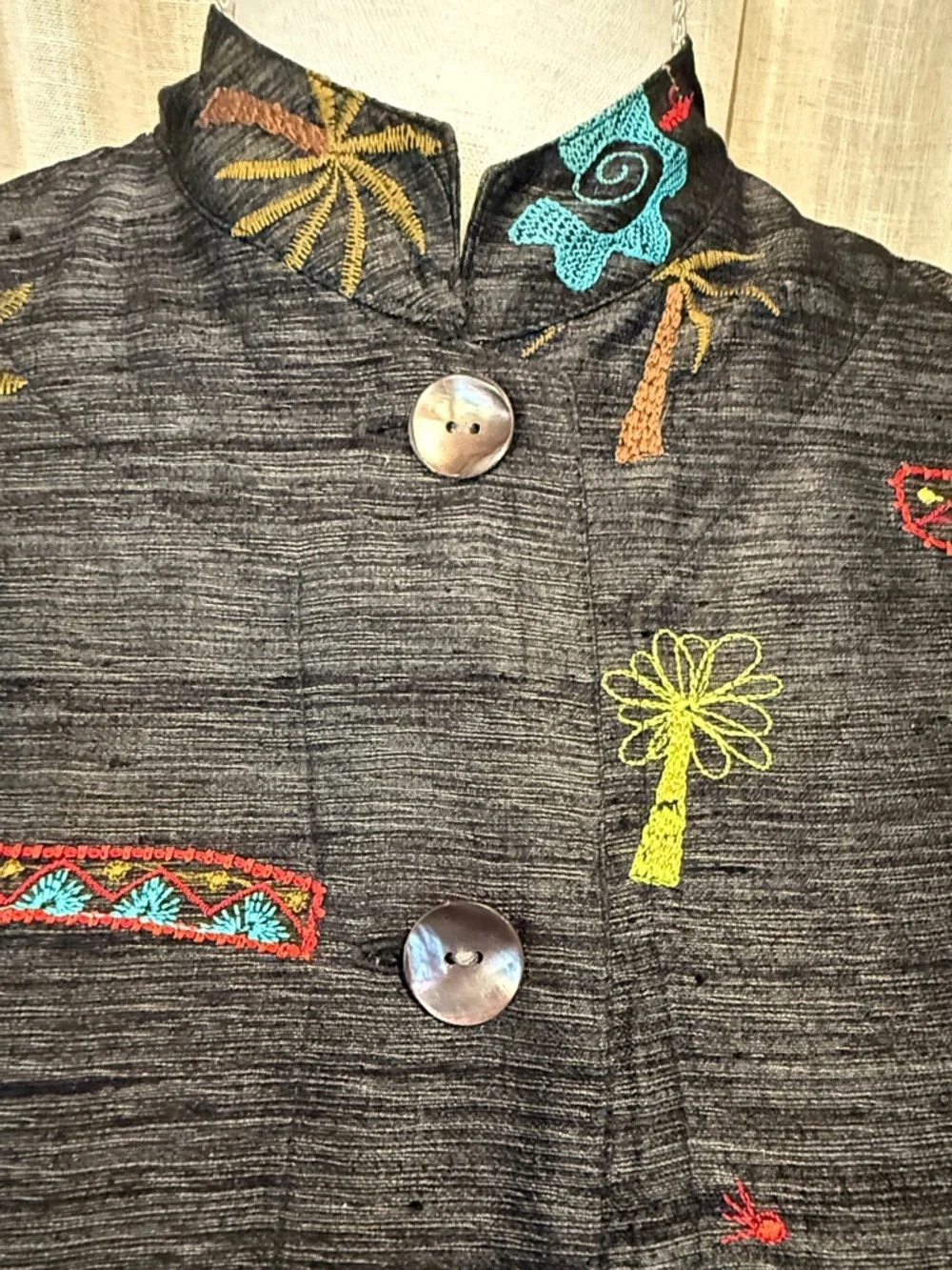 Chico’s Embroidered Art Jacket Size 0 Silk Blend Whimsical Village Button Front - Picture 9 of 14